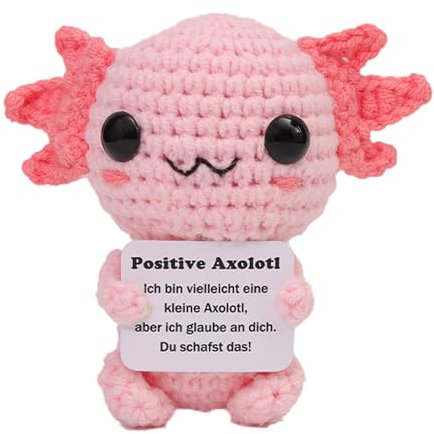 Axolotl Häkelfigur mit Motivationskarte - Handgemachtes Geschenk zur emotionalen Unterstützung für Frauen & Teens, Kreative niedliche Häkelpuppe Aufmunterungsgeschenk für Freunde, Frauen (Farbe 1)