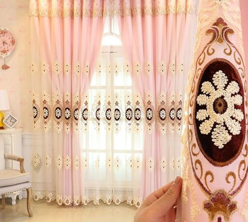 Beydodo Vorhänge mit Haken 2er Set, Gardinen Küche Lichtdurchlässig Nordisch Doppellagig Stickerei mit Blumen Motiv 102x138CM Rosa Vorhang Halbtransparent Wohnzimmer Schlafzimmer