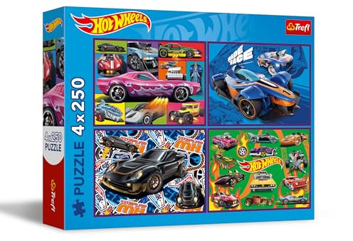Trefl – Puzzle 4in1: Hot Wheels, Rennautos - 4 x 250 Teile - Set mit Vier Puzzles für Teenager, Mehrfabrig