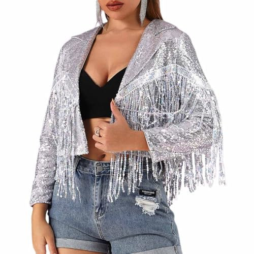 Vatocu Damen Pailletten Fransen Jacke Glitzer Langarm Cardigan Glänzend Quasten Jacke Party Rave Outfit für Frauen (DE/NL/SE/PL, Alphanumerisch, M, Regular, Regular, Silber)