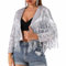 Vatocu Damen Pailletten Fransen Jacke Glitzer Langarm Cardigan Glänzend Quasten Jacke Party Rave Outfit für Frauen (DE/NL/SE/PL, Alphanumerisch, M, Regular, Regular, Silber)