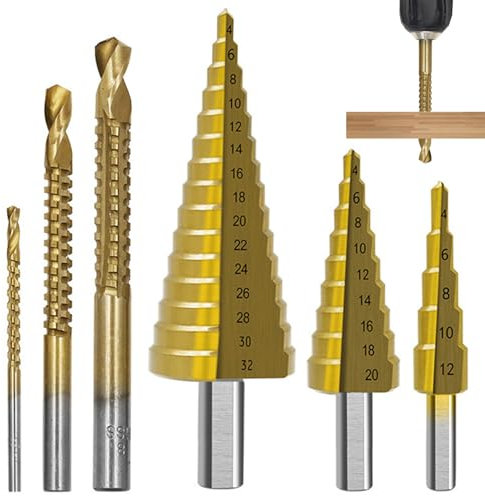 Paso Broado de perforación Paso de perforación Paso, 6 piezas Titanio Titanium Paso Taladro de perforación, 29 tamaños de taladro de 4-32 mm establecidos para una lámina de metal con estuche, trozos