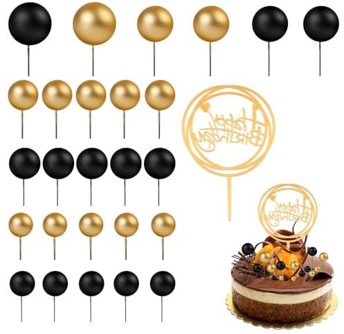 Tyqour 26Pcs Black and Gold Cake Decorations Balloon Cake Topper Gold Cake Balls Decoration Mini Balloons Ball Cake Toppers for Wedding Anniversary Birthday Baby Shower Party Supplies