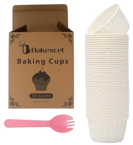 Standard Greaseproof White Baking Cups 50-Pack with 50 Sporks, Bakexcel Premium Cupcake Liners, 3.5oz Perfect for Muffins, Cupcakes, and Desserts