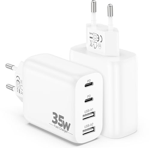Cargador USB C, 35W 4-Puertos USB C Enchufe Cargador Carga Rapida, Cargador Multiple con Tipo-C y USB-A Adaptador para iPhone 16/15/14/Pro Max 16e, Google Pixel 9, iPad, Mac Pro, Samsung S25(2 Piezas)