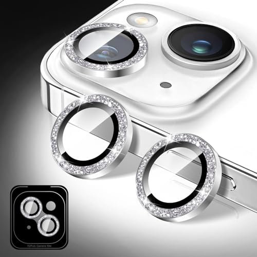 Kucheed Proteggi Obiettivo Fotocamera Glitterato Compatibile con iPhone 13/13 Mini, Adesivi per Copertura Fotocamera in Vetro Temperato, Allineamento Automatico dei Singoli Anelli Metallici