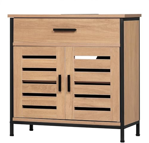 EUGAD Armario Bajo Lavabo, Mueble de Baño con Cajón y Puertas de Rejillas, con Recorte Sifón y Estante Ajustable, 60x30x60 cm, Roble Claro