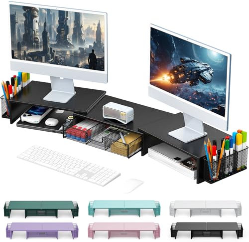 gianotter Doppel-Monitor-Ständer, Schreibtisch-Organizer mit Schublade und 2 Stifthaltern, Schreibtischzubehör und Arbeitsplatz-Organizer, Laptop-Ständer, Bürodekor-Essentials, Schwarz