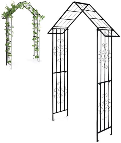 COSTWAY 2.2M Metal Garden Arch, Heavy Duty Pergola Trellis Arbour for Climbing Plant Rose Vines with Roof-shaped Top & 4 Ground Stakes, Plants Trellis Support Archway for Wedding Ceremony Party