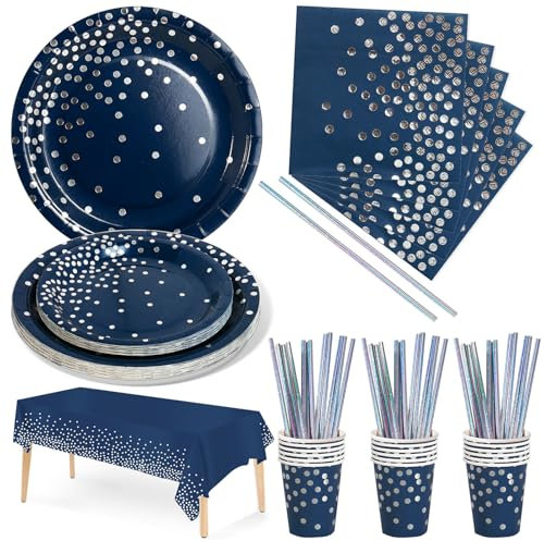 Nkaiso Party Tableware 126 Piece Navy Blue and Silver Paper Tableware Set Includes Birthday Paper Plates Napkins Cups Straws for Wedding Shower Engagement Wedding Birthday-25 Guests