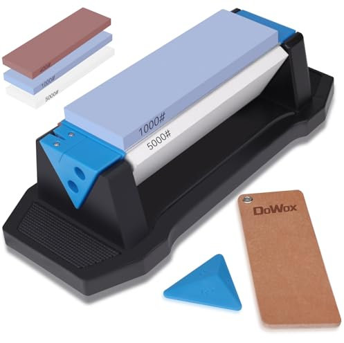 DOWOX 3-Sided Sharpening Stone Knife Sharpening Stone, 400/1000/5000 Whetstone with Non-Slip Base, Angle Guide & Leather Strap, for Kitchen Knives and Pocket Knives and More