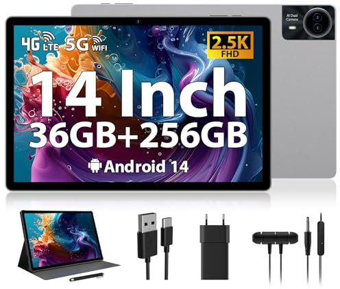 RUSHAR Tablet 14 Pulgadas,Android 14 con 36GB RAM+256GB ROM (1TB TF),4G LTE/SIM+5G WiFi,11580mAh|2240 * 1400HD|Octa-Core 2.0GHz|13MP+8MP|Face ID|BT 5.0,Tablet con Lápiz y Funda,Silver