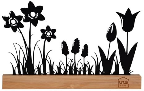 UNUS Aufsteller Frühlings-Dekoration aus Bambus & Metall, Blumenwiese mit Tulpen & Narzissen, Filigrane Tisch- und Fensterbank-Deko, Nachhaltig, schwarz