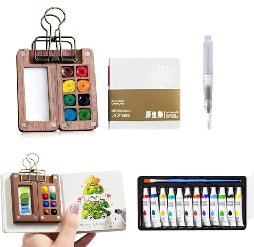 12 Colors Mini Watercolour Kit, Pocket Paint Set Travel, Portable Palette | 8 Grids Wooden Palette, Sketchbook, Brush, for Outdoor Sketching Travel Painting, Gifts for Artists, for Christmas Birthday