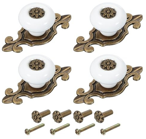 PATIKIL Retro Ceramic Knobs 1-1/4, 4Pcs Vintage Round Drawer Knobs Dresser Petal Pulls Handles with Backplate/Screw/Nut for Kitchen Door Cupboard Wardrobe, White
