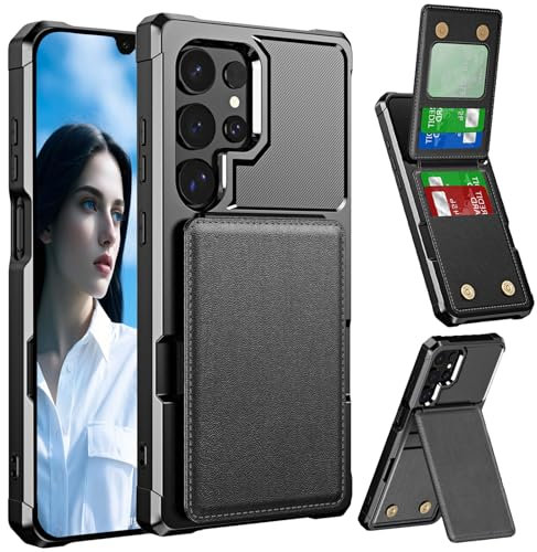 Ysnzaq for Samsung Galaxy S22 Ultra Case with Card Holder, Military Grade Heavy Duty Protection Shockproof Anti-Scratch Wallet Case with Kickstand Case for Samsung Galaxy S22 Ultra (Not S22).ZM Black