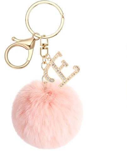 JSRQT Porte-clés Pompons Roses avec Initiales E, Porte-clés Lettres Alphabet en Métal et Strass pour Femme Fille, Pendentifs Keychain de Sac en Peluche Douce, Décoration de Sac à Main et Sac à Dos