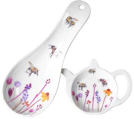 2 Piece Melamine Plastic Teabag Tidy and Spoon Rest Set - Bumble Bee Floral Pattern
