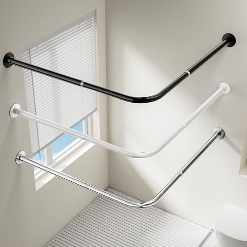 Onpira® Eck-Duschvorhangstange Teleskop L-Form 90–180 cm – Edelstahl, selbstklebend oder schraubbar – Ohne Bohren – In Silber, Schwarz, Weiß – 12 Varianten wählbar (Selbstklebend Edelstahl, 90x90cm)
