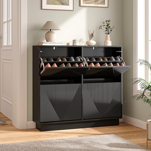 UEV Slim Shoe Cabinet with 4 Flip Drawers, Carved Line Fronts, Narrow Storage Unit with Anti-Tip Design for Hallway, Living Room or Bedroom, Black