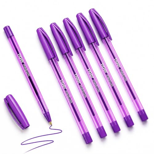 Lotus 50 Purple Ballpoint Pens Bulk Pack - Purple Biro Pens, Medium 1mm Nib, Smooth Ultra Glide Ink, for School, Office & Home