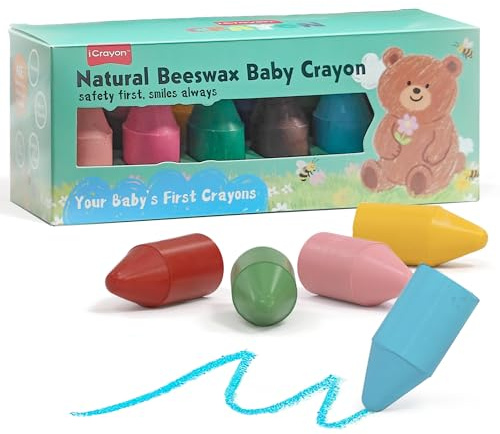 iCrayon Soja- und Bienenwachs-Wachsmalstifte für Kleinkinder – 12 Farben, natürliche ungiftige Wachsmalstifte, extra dick & griffig für kleine Hände, bruchfest