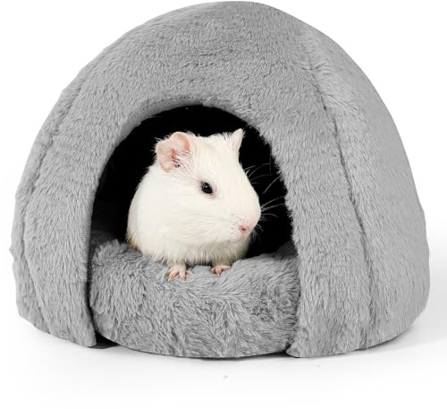 ONEJU Meerschweinchen Versteck, Flauschiges, teilbares Kleintierbett mit Druckknopfverschluss, kuscheliges Meerschweinchenbett mit runder Umrandung, Iglu Form, grau