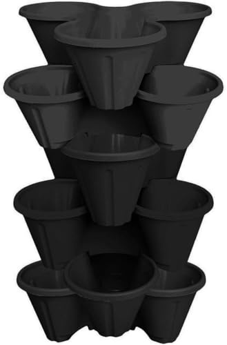 Easy Shopping® 6 x Stackable Vertical Garden Planter Pots Black, Trio Stacking Section 3 Pots Space-Saving Design for Herbs, Flowers, Strawberries Indoor and outdoor use