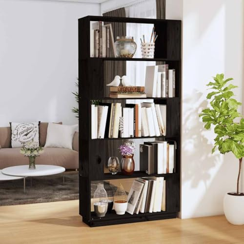 HGKMBRY Raumteiler Regal aus massiver Kiefer - Rustikales Holzregal für Bücher und Deko in Schwarz - Stabiles Bücherregal mit Wandhalterung als vielseitiger Stauraum 80x25x163,5 cm