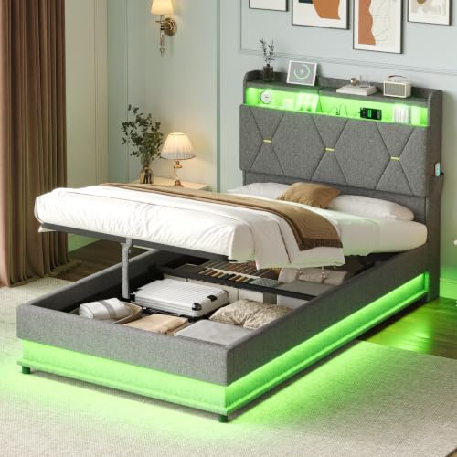 Merax 3FT Ottoman Bed with LED & Charging Station, Grey Linen-No Mattress | Hydraulic Storage • RGB LED Headboard with Side Storage Pockets • USB & Type-C • Linen Upholstery • No Box Spring