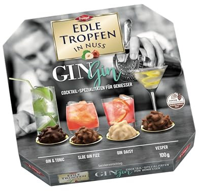 Edle Tropfen in Nuss Gin Gin 100g, flüssig gefüllte Schokoladenpralinen mit Milchschokoladen-Überzug und knackigen Haselnuss-Splittern