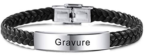 MeMeDIY Nom Bracelet Personnalisés Pour Femmes Garçons Hommes Filles Acier Inoxydable Véritable Gravure Sur Cuir Tressé Manchette Réglable (Couleurs Noires)