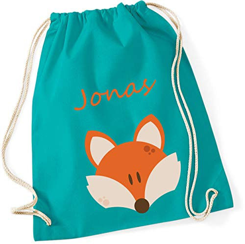 minimutz Turnbeutel mit Namen personalisiert & Bedruckt | Motiv Fuchs | Stoffbeutel Schuhbeutel Sportbeutel für Kinder Jungen & Mädchen | inkl. NAMENSDRUCK | blau orange Navy (türkis)