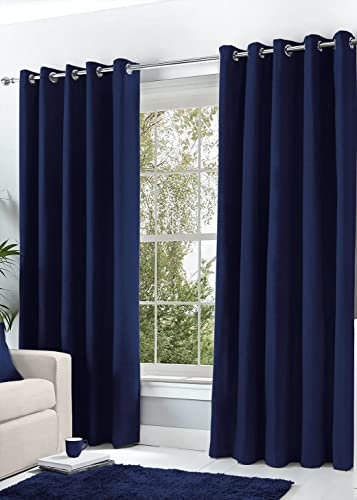 Hachette Thermal Blackout Curtains Eyelet Ring Top Including Pair of Tiebacks (Navy Blue, 46 X 72)