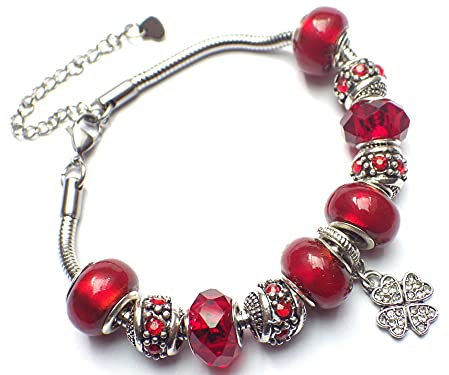 Bracelet Charms rouge pour femme en acier inoxydable Thurcolas modèle Manhattan avec pendentif trèfle sertie de cristaux