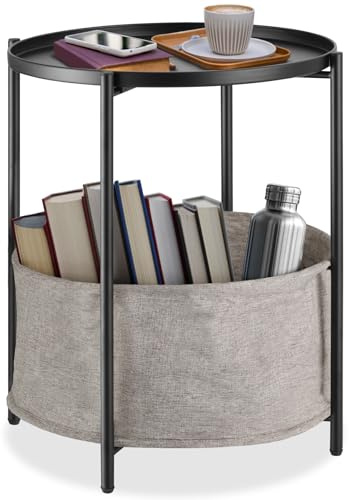 tectake® Tisch rund, Beistelltisch Metall, Kleiner Tisch, Couchtisch mit Stauraum, Coffee Table für Wohnzimmer, Nachttisch Schlafzimmer, abnehmbare Tischplatte (Schwarz | Nr. 404190)