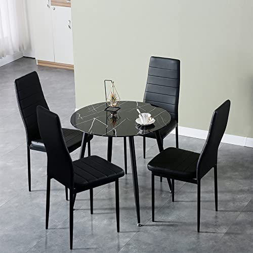 GOLDFAN Esstisch mit 4 Stuhl Glastisch Marmor Schwarz und Smat Stuhl Runder Tisch Glas Wohnzimmertisch Klein für Wohnzimmer Küche, Schwarz