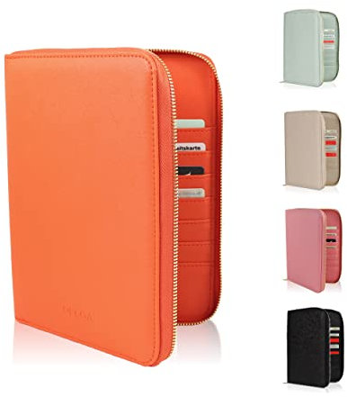 DELOA ® U-Heft, Reiseunterlagen & Familien Organizer - 3 in 1 Dokumententasche mit Fach für Impfpass und Reisepass in Saffiano Kunstleder (Orange)