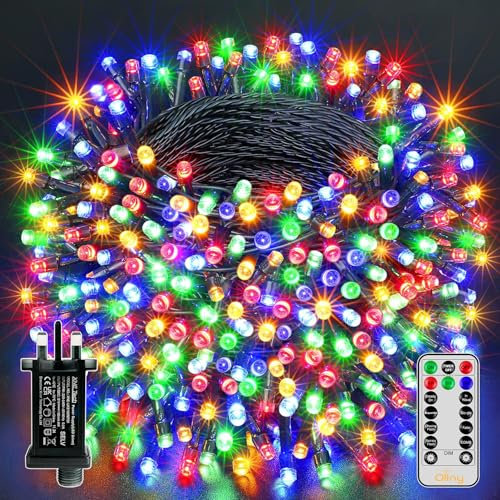 Ollny 20m 200 LED Outdoor Fairy Lights Mains Powered, Multicolour Waterproof String Light with Plug/Remote/Modes/Timer, Bright Lighting Outside Indoor Garden Party Wedding Decorations