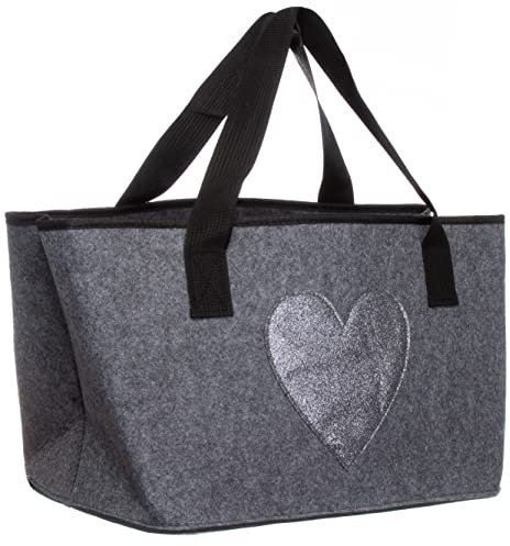 Brandsseller Filztasche Glitzer Herz ca. 40 x 26 x 21 cm | Freizeittasche aus Filz | Strandtasche |Praktischer Shoppingbag | Einkaufstasche mit Henkel | Grau