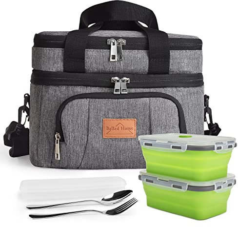 BalladHome Sac Isotherme Repas 10L, Lunch Bag Sac à Déjeuner 2 Compartiment Sac Réfrigérant avec 2 Boîte à Lunch Pliable et Couverts Sac Isotherme pour Hommes, Femmes (Grey, 2 Boîte à Lunch)