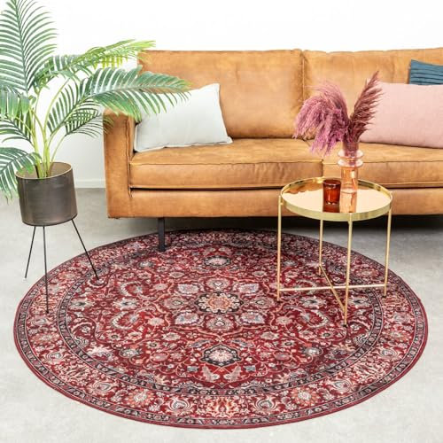 FRAAI | Home & Living Teppich Vintage Rund - Imagine Medaillon Rot - Baumwolle, Polyester - Flachgewebe - Vintage, Orientalisch - Wohnzimmer, Esszimmer, Schlafzimmer - Carpet