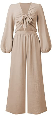 Estink Damen 2 Stück Casual Outfits Langarm Hohe Taille Weites Bein Hosen Sets Loungewear Streetwear(S-Aprikose)