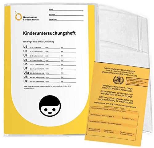 Mikalino Uheft Hülle für das gelbe Untersuchungsheft Transparente U-Heft Schutzhülle aus Kunststoff mit Fach für Impfpass Uhefthülle mit 3 Fächern für Krankenkassenkarte, Grösse:2 Stk.