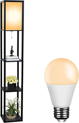 YU YUSING Stehlampe Stehleuchte Holz Regal, Stehlampe Wohnzimmer mit E27 Birne, Leselampe mit Holzregal 1,6m Innenbeleuchtung für Whonzimmer Schlafzimmer Büro mit Lampe, Schwarz, schwarz