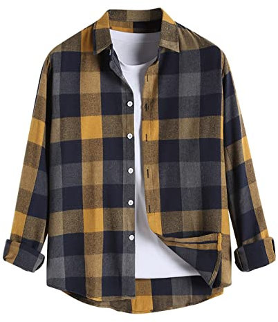 Chemise décontractée à carreaux pour homme - Col rabattu - Manches longues - Chemise à carreaux rouges, jaune, M