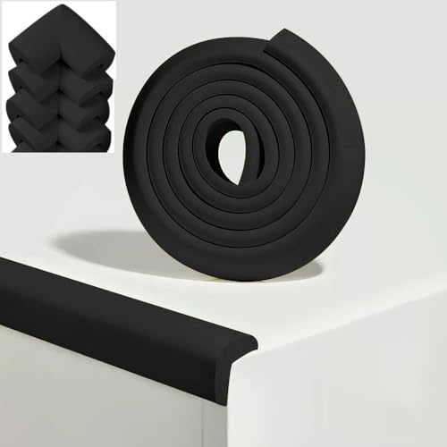 S&D, Baby Child Safety Edge & Corner Guards Protector Set, 2 meters / 6.5 Feet Edges & 4 Corner Guards Furniture Tables Bumpers Cushions Proofing set soft foam wires (Black)
