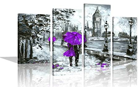 Coppia con ombrello viola a Londra incorniciato su tela da parete, arte moderna, romantica, 4 pezzi, decorazione per regalo, ufficio, soggiorno, piatto, 109 cm x 71 cm
