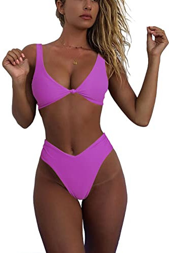 Geluboao Completo bikini da donna con scollatura a V, nodo frontale, push-up, perizoma a gamba alta, due pezzi, Viola, XS