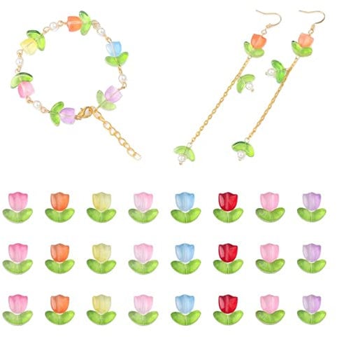 Beads Bead Assortments, DIY Bracelet Bead Tulip Flower Bead Translucent Loose Glass Bead for Jewelry Making Mothers Day Gift Without Needle 100PCS